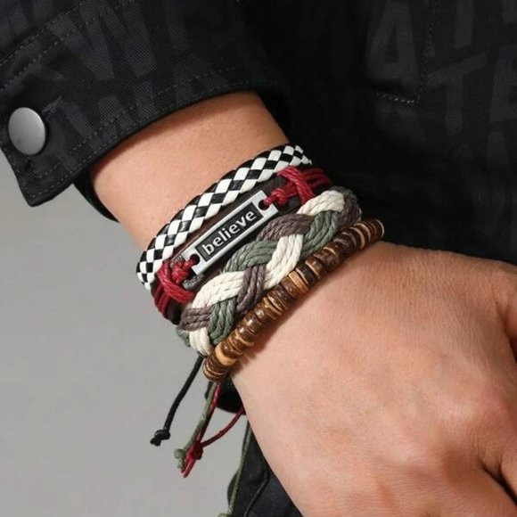 Handmade Set of 4 Multilayer Braided Leather Adjustable Rope Wood Beads Bracelet - Picture 2 of 6